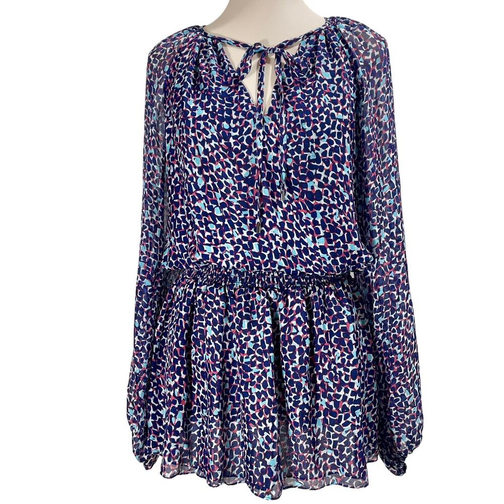 Ramy Brook Beckam Mini Blouson Dress Silk V-Neck LS Smocked Waist Size Small